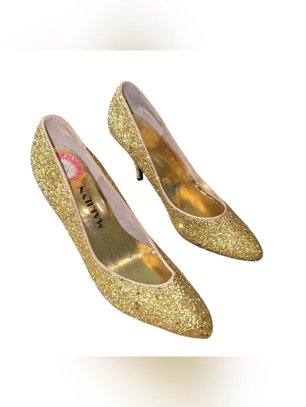Vintage Gold Glitter Pointed-Toe Mid Kitten Heels